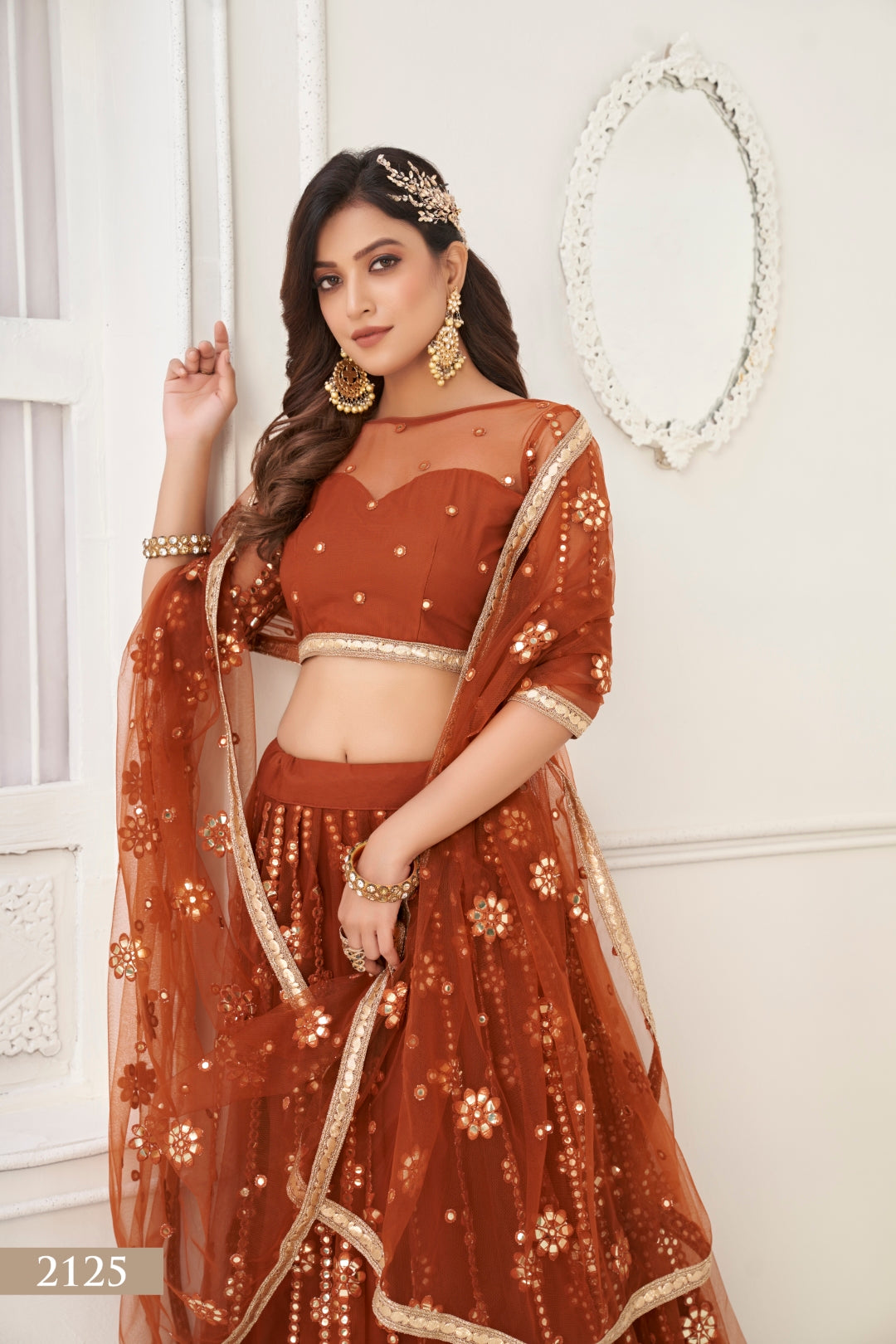 Brown Elegant Butterfly Net Lehenga with Tone-to-Tone Mirror Work Embroidery