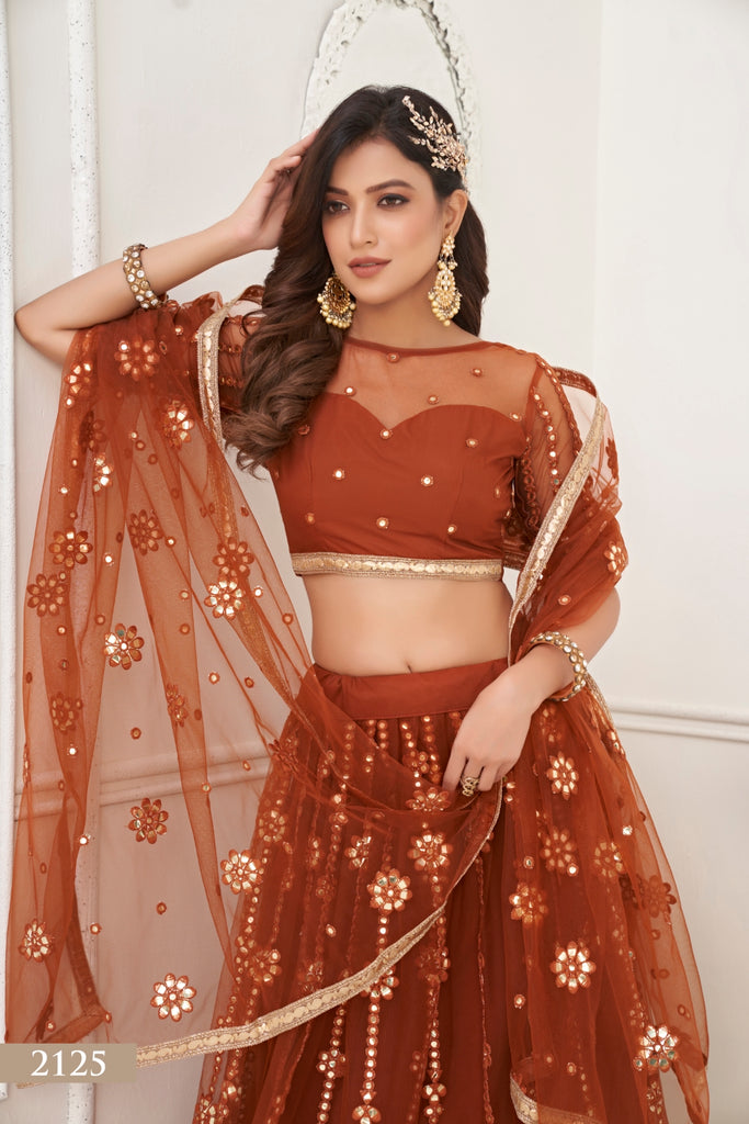 Brown Elegant Butterfly Net Lehenga with Tone-to-Tone Mirror Work Embroidery