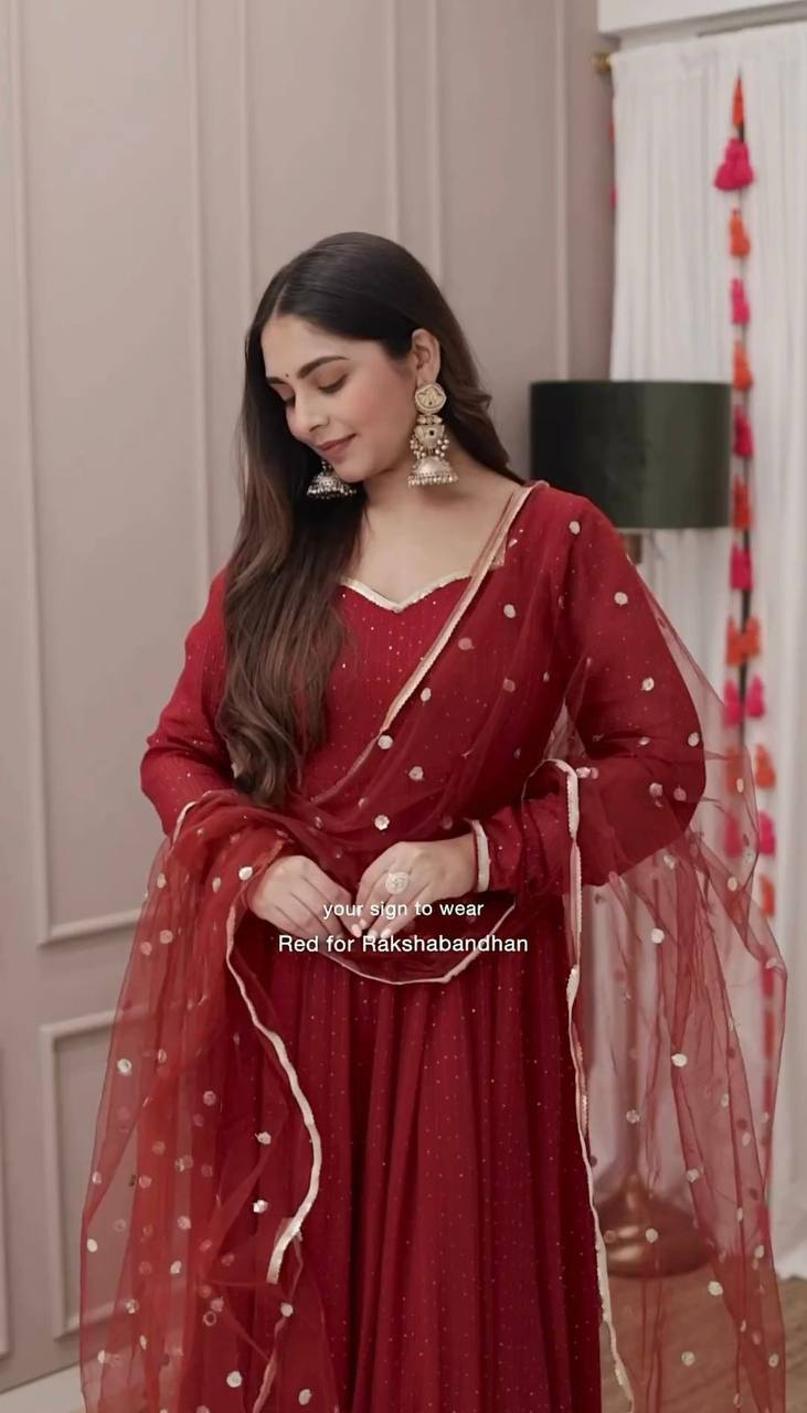 Brown Elegant Dola Silk Gown Set with Dupatta Secondary image
