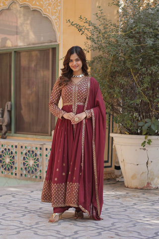 Light Brown Elegant Embroidered Faux Georgette Kurti Set with Pant & Dupatta – Luxe Ethnic Wear