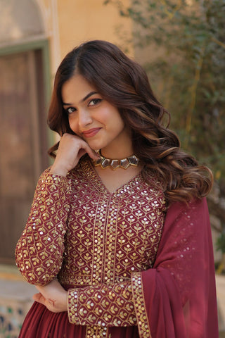 Light Brown Elegant Embroidered Faux Georgette Kurti Set with Pant & Dupatta – Luxe Ethnic Wear