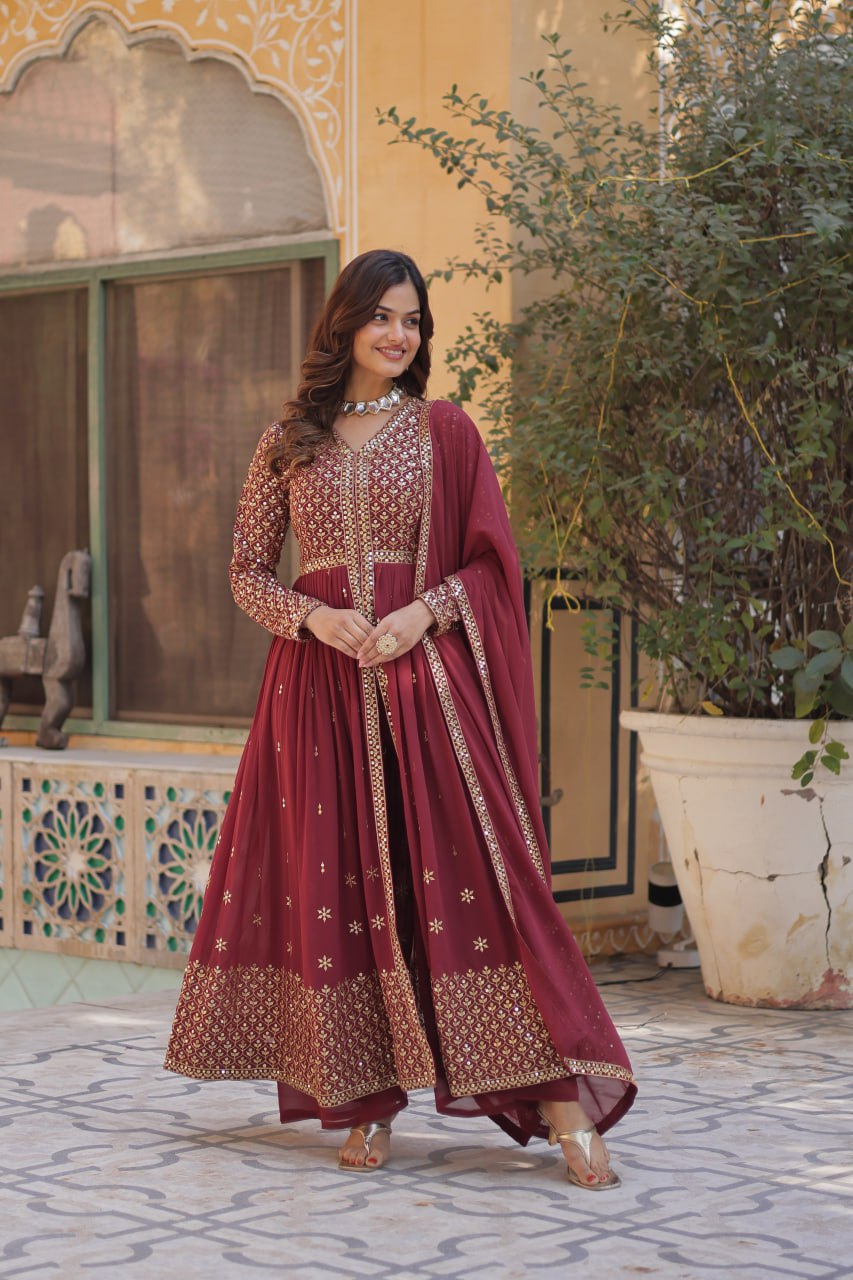 Light Brown Elegant Embroidered Faux Georgette Kurti Set with Pant & Dupatta – Luxe Ethnic Wear