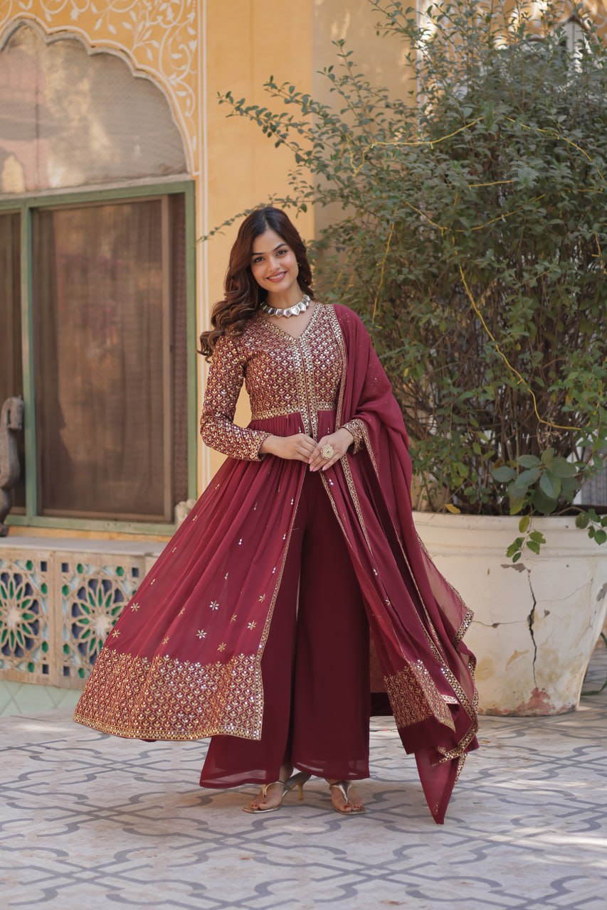 Light Brown Elegant Embroidered Faux Georgette Kurti Set with Pant & Dupatta – Luxe Ethnic Wear