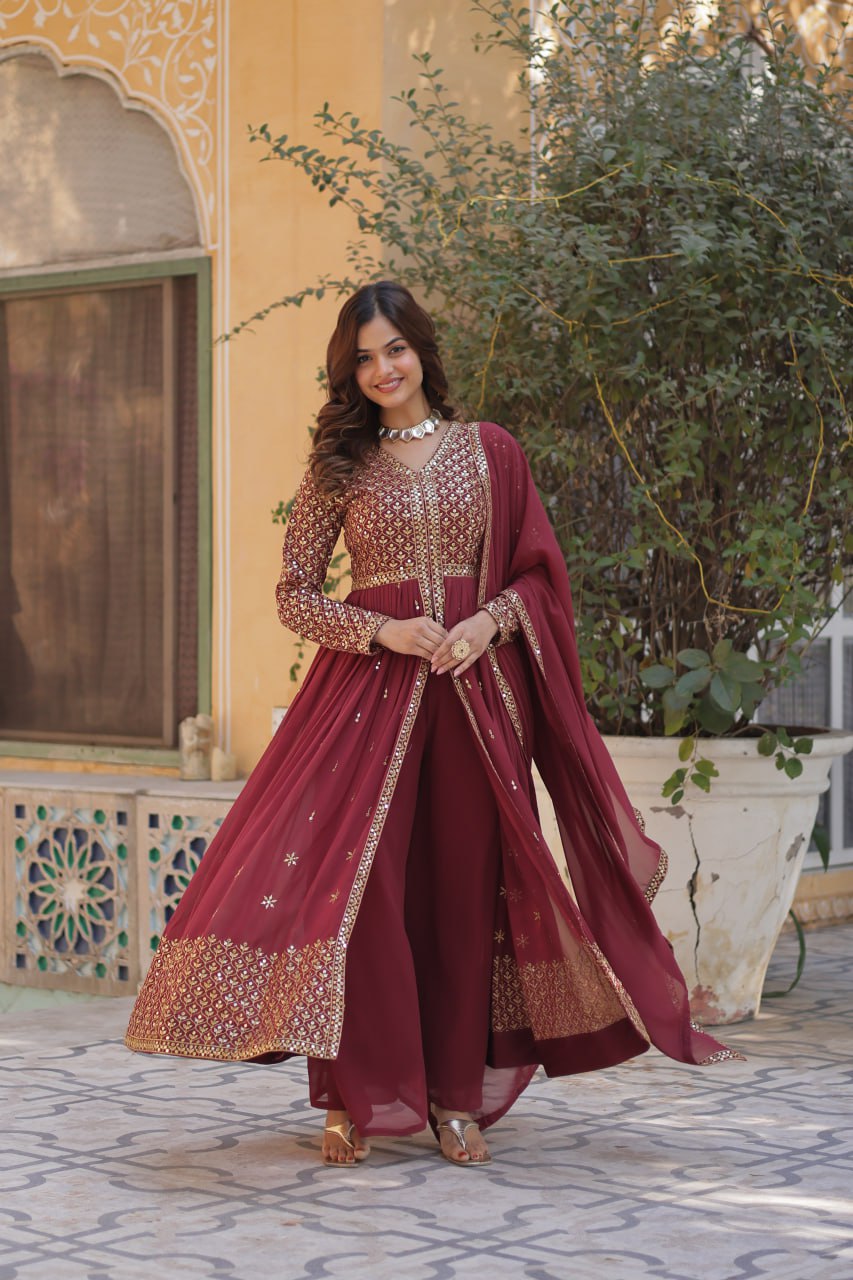 Light Brown Elegant Embroidered Faux Georgette Kurti Set with Pant & Dupatta – Luxe Ethnic Wear