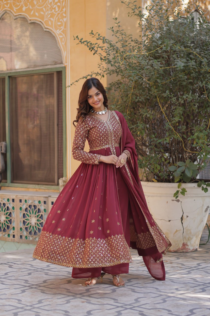 Light Brown Elegant Embroidered Faux Georgette Kurti Set with Pant & Dupatta – Luxe Ethnic Wear