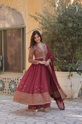 Light Brown Elegant Embroidered Faux Georgette Kurti Set with Pant & Dupatta – Luxe Ethnic Wear