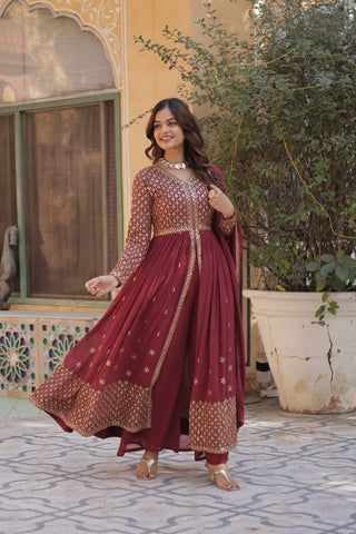 Light Brown Elegant Embroidered Faux Georgette Kurti Set with Pant & Dupatta – Luxe Ethnic Wear