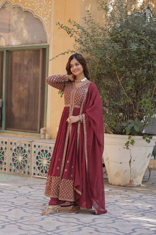 Light Brown Elegant Embroidered Faux Georgette Kurti Set with Pant & Dupatta – Luxe Ethnic Wear
