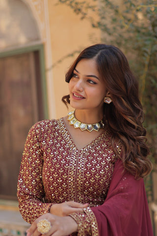 Light Brown Elegant Embroidered Faux Georgette Kurti Set with Pant & Dupatta – Luxe Ethnic Wear