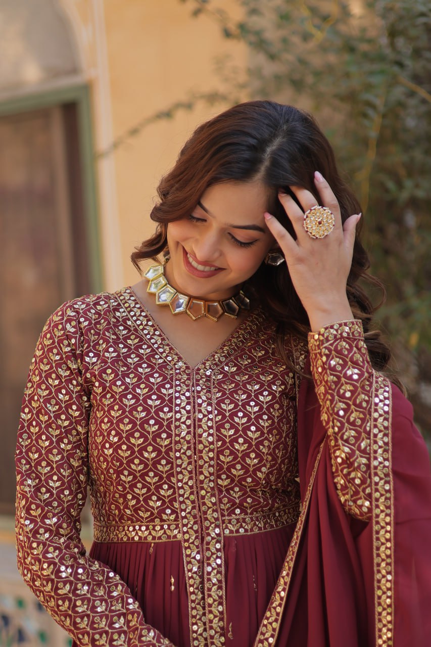 Light Brown Elegant Embroidered Faux Georgette Kurti Set with Pant & Dupatta – Luxe Ethnic Wear