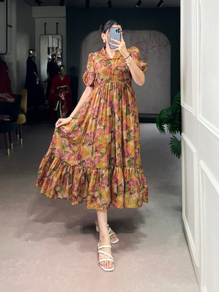 Brown Elegant Floral Organza Stitched Frock with 4-Meter Flair & Micro Crepe Lining ClothsVilla