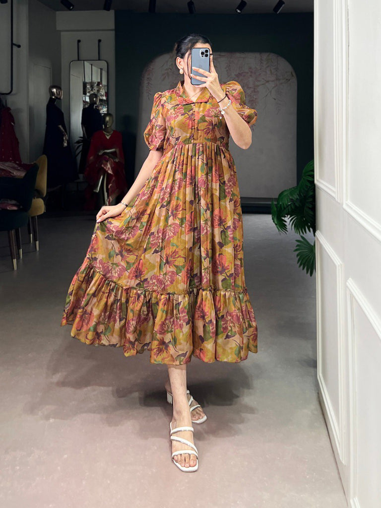 Brown Elegant Floral Organza Stitched Frock with 4-Meter Flair & Micro Crepe Lining ClothsVilla