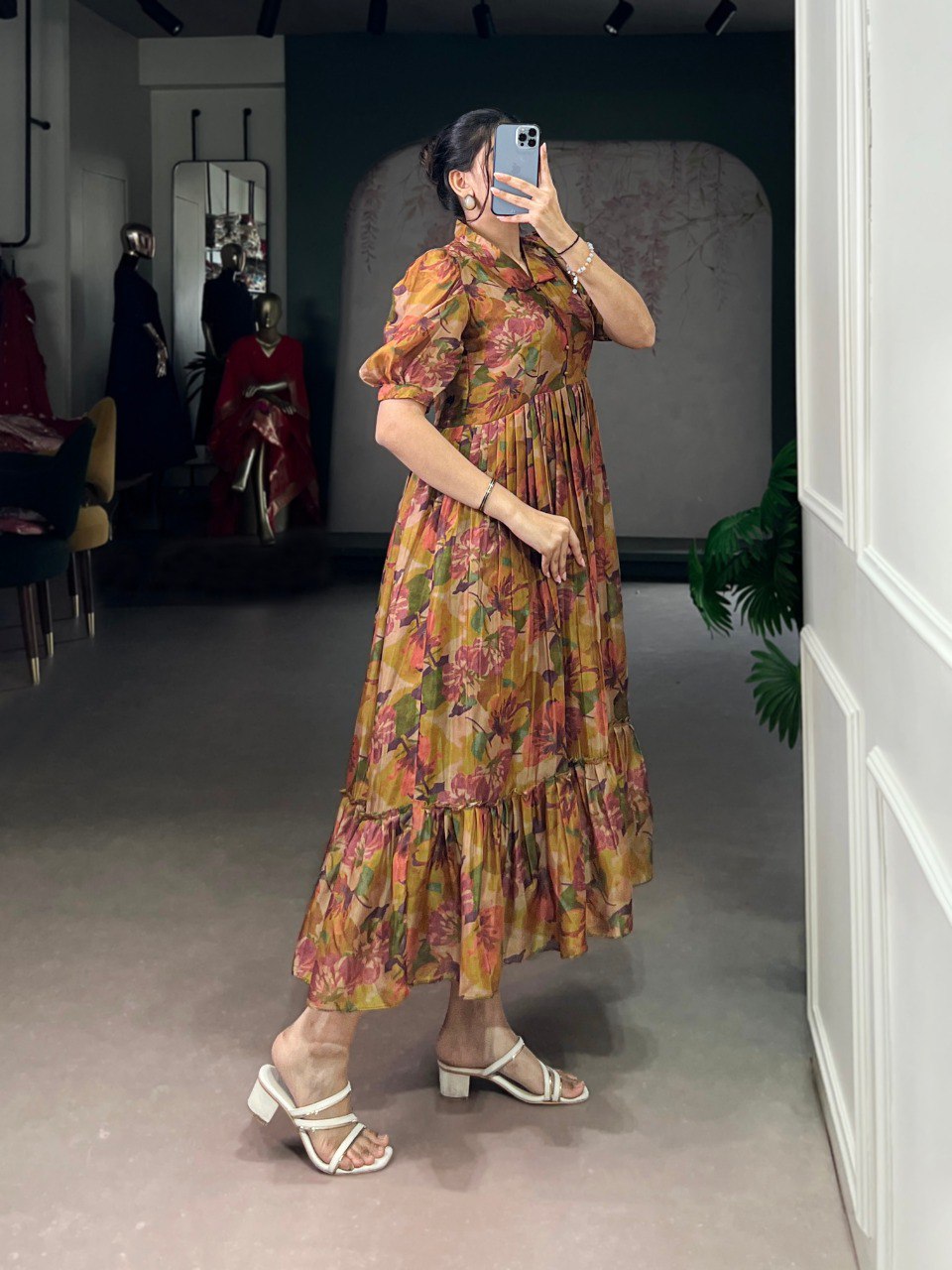 Brown Elegant Floral Organza Stitched Frock with 4-Meter Flair & Micro Crepe Lining ClothsVilla