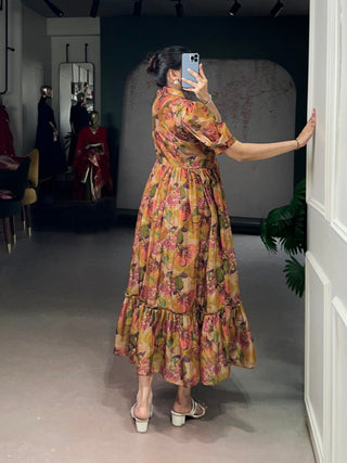 Brown Elegant Floral Organza Stitched Frock with 4-Meter Flair & Micro Crepe Lining ClothsVilla
