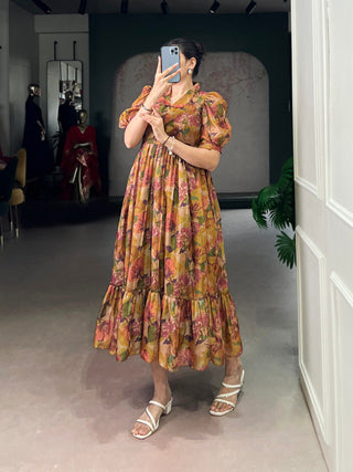 Brown Elegant Floral Organza Stitched Frock with 4-Meter Flair & Micro Crepe Lining ClothsVilla