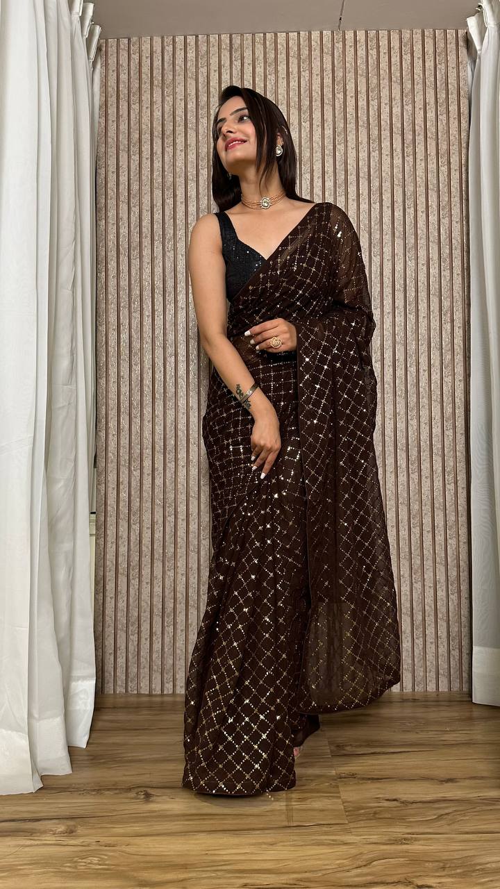 Brown Elegant Georgette Sequin Work Saree with Banglori Satin Blouse Clothsvilla