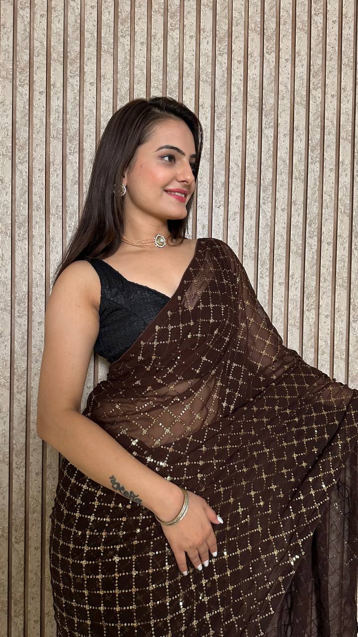 Brown Elegant Georgette Sequin Work Saree with Banglori Satin Blouse Clothsvilla