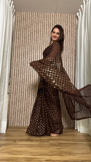 Brown Elegant Georgette Sequin Work Saree with Banglori Satin Blouse Clothsvilla
