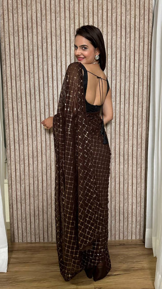 Brown Elegant Georgette Sequin Work Saree with Banglori Satin Blouse Clothsvilla