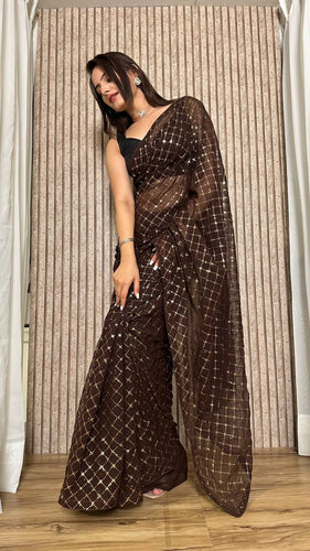 Brown Elegant Georgette Sequin Work Saree with Banglori Satin Blouse Clothsvilla