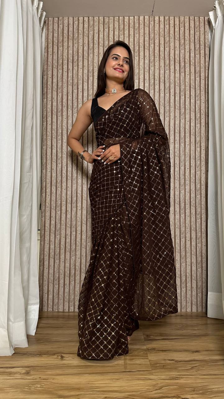 Brown Elegant Georgette Sequin Work Saree with Banglori Satin Blouse Clothsvilla Main image