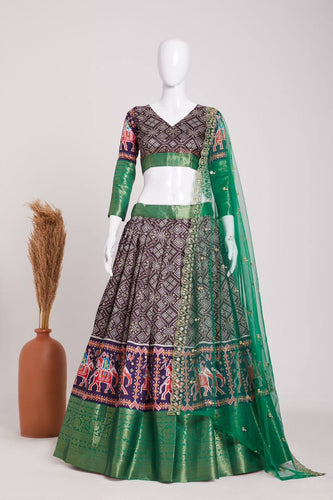 Brown Elegant Heavy Dola Jacquard Silk Lehenga Set with Green Embroidered Net Dupatta ClothsVilla