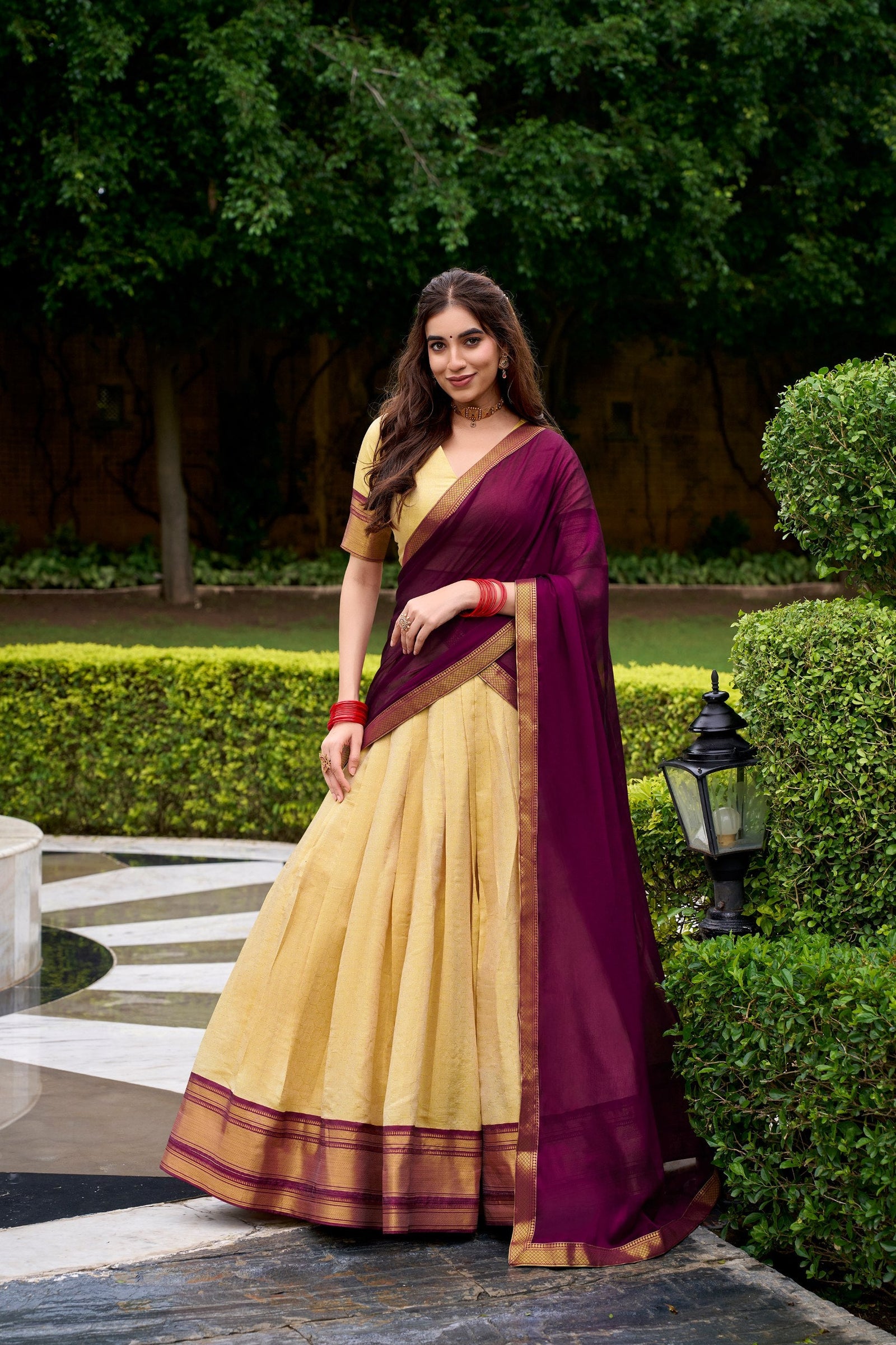 Cream Elegant Kanchipuram Lehenga with Zari Weaving Work – Full-Stitched Lehenga & Blouse with Georgette Zari Dupatta ClothsVilla