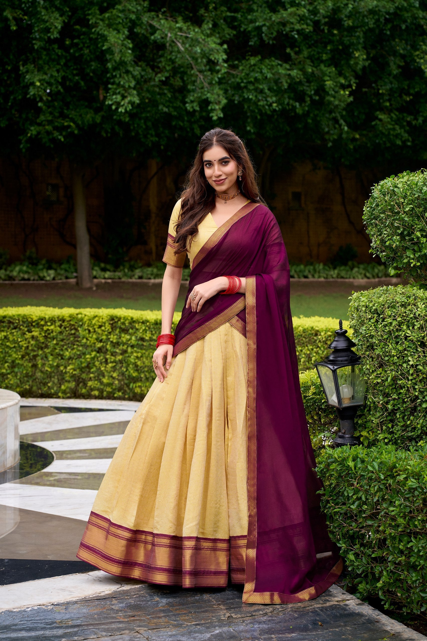 Cream Elegant Kanchipuram Lehenga with Zari Weaving Work – Full-Stitched Lehenga & Blouse with Georgette Zari Dupatta ClothsVilla Main image