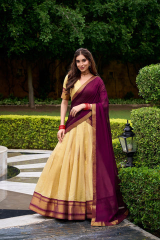 Cream Elegant Kanchipuram Lehenga with Zari Weaving Work – Full-Stitched Lehenga & Blouse with Georgette Zari Dupatta ClothsVilla