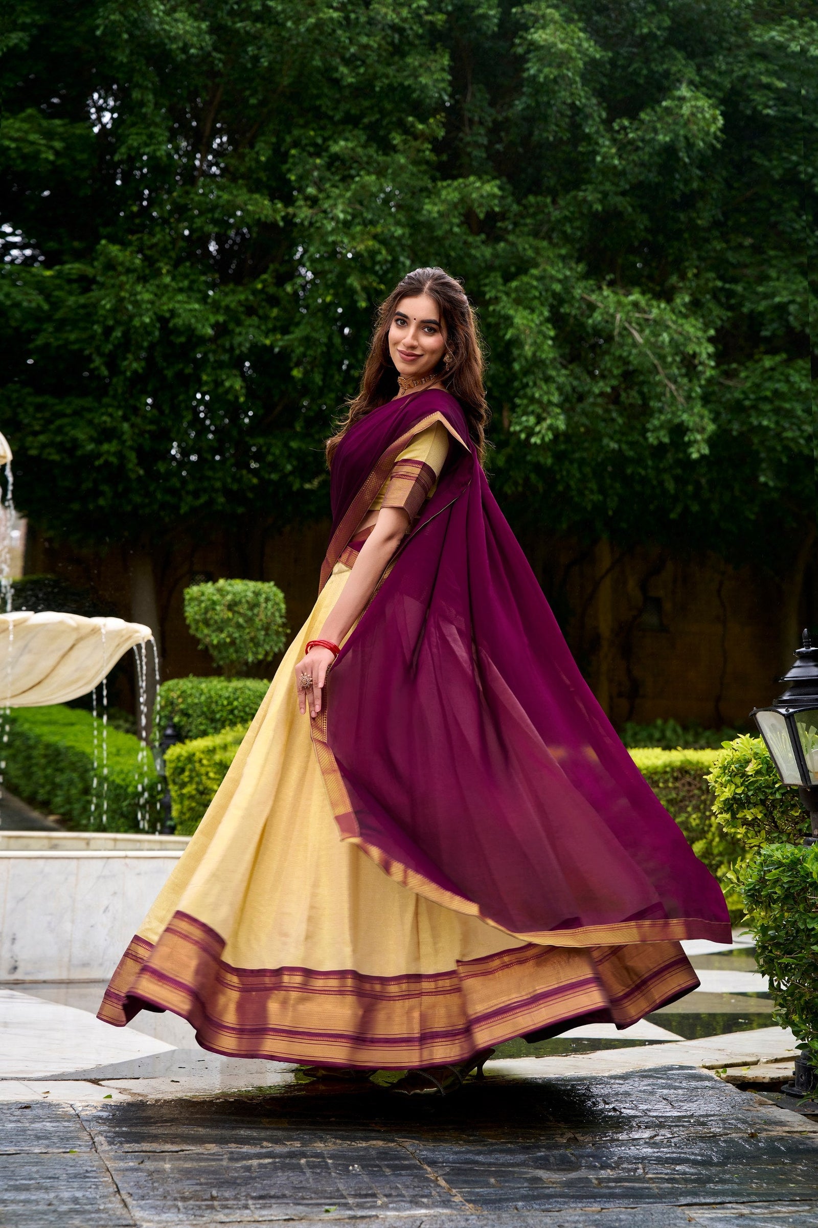 Cream Elegant Kanchipuram Lehenga with Zari Weaving Work – Full-Stitched Lehenga & Blouse with Georgette Zari Dupatta ClothsVilla