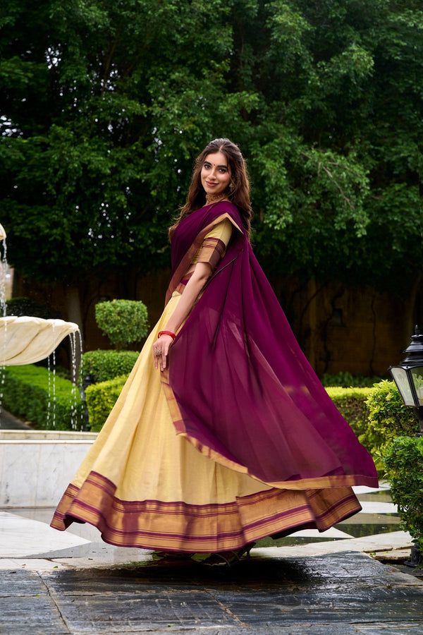 Cream Elegant Kanchipuram Lehenga with Zari Weaving Work – Full-Stitched Lehenga & Blouse with Georgette Zari Dupatta ClothsVilla