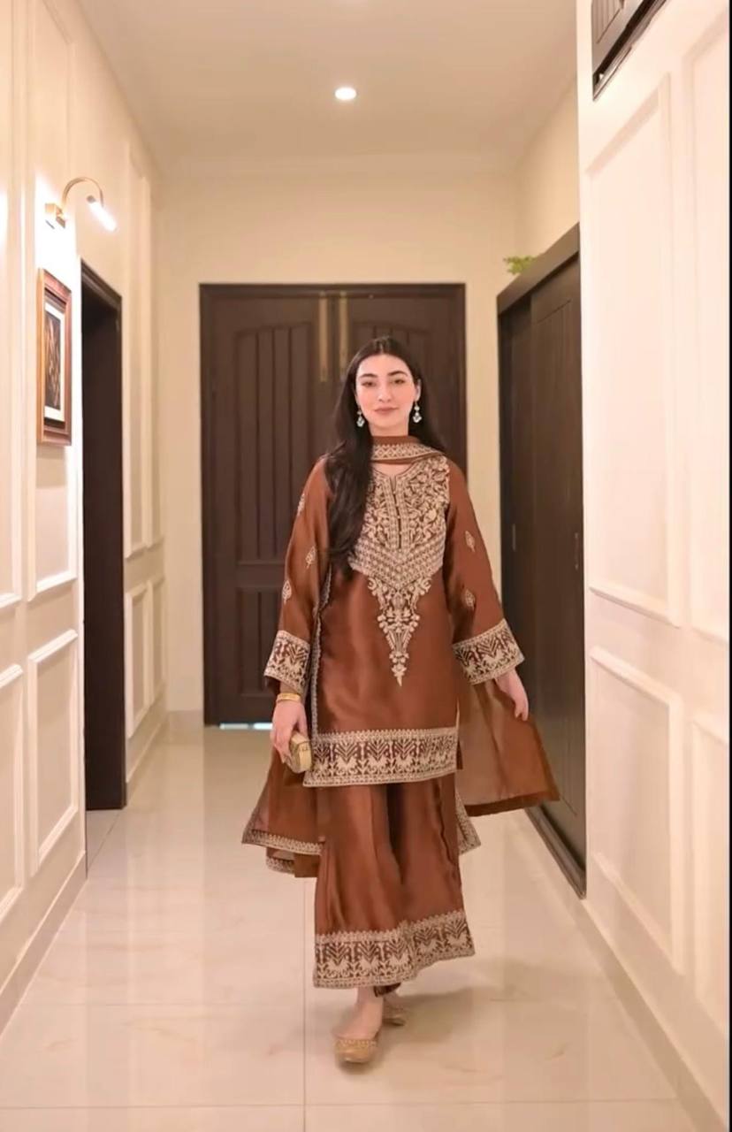 Brown Elegant Natural Crepe Chinestitch Plazo Set with Dupatta – Fully Stitched ClothsVilla