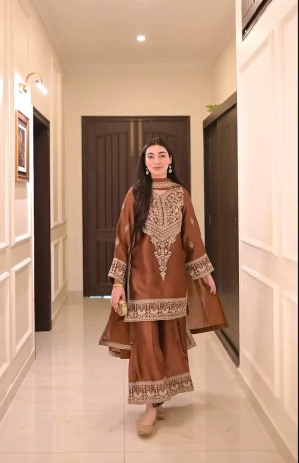 Brown Elegant Natural Crepe Chinestitch Plazo Set with Dupatta – Fully Stitched ClothsVilla