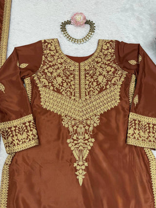 Brown Elegant Natural Crepe Chinestitch Plazo Set with Dupatta – Fully Stitched ClothsVilla