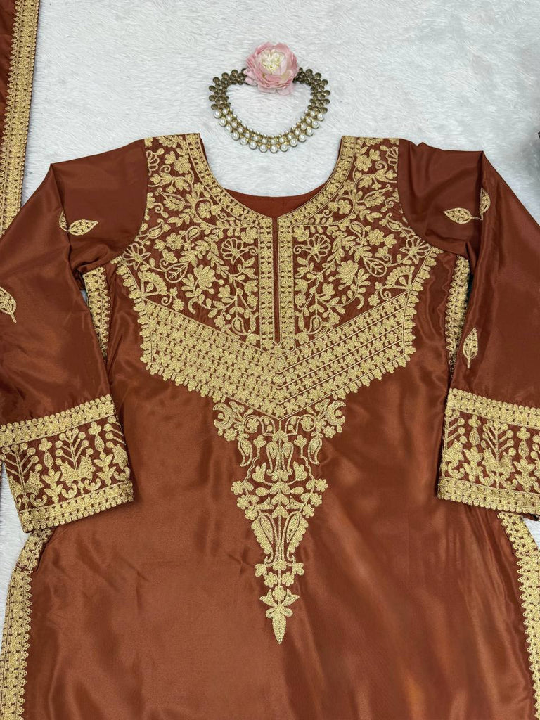 Brown Elegant Natural Crepe Chinestitch Plazo Set with Dupatta – Fully Stitched ClothsVilla