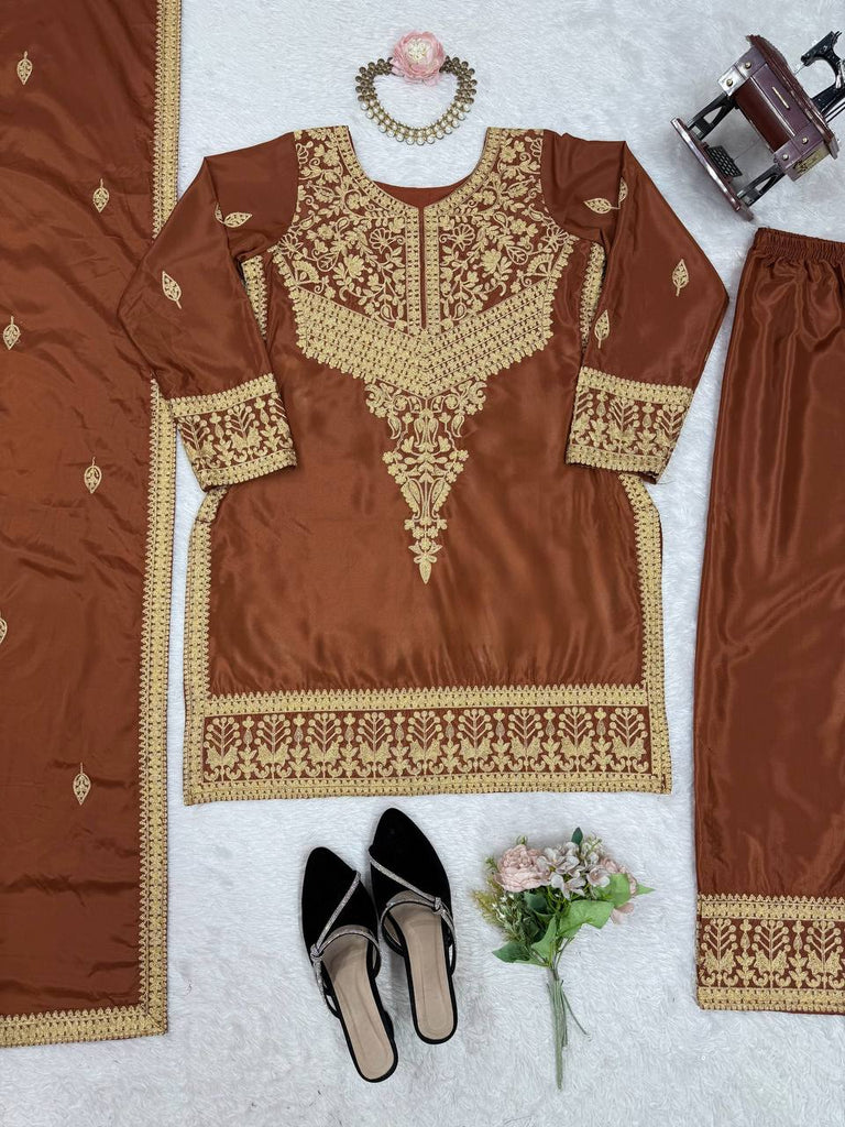 Brown Elegant Natural Crepe Chinestitch Plazo Set with Dupatta – Fully Stitched ClothsVilla