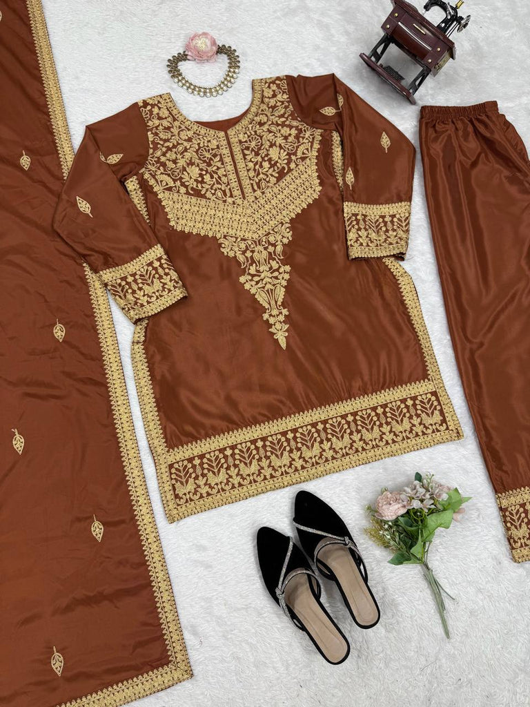 Brown Elegant Natural Crepe Chinestitch Plazo Set with Dupatta – Fully Stitched ClothsVilla
