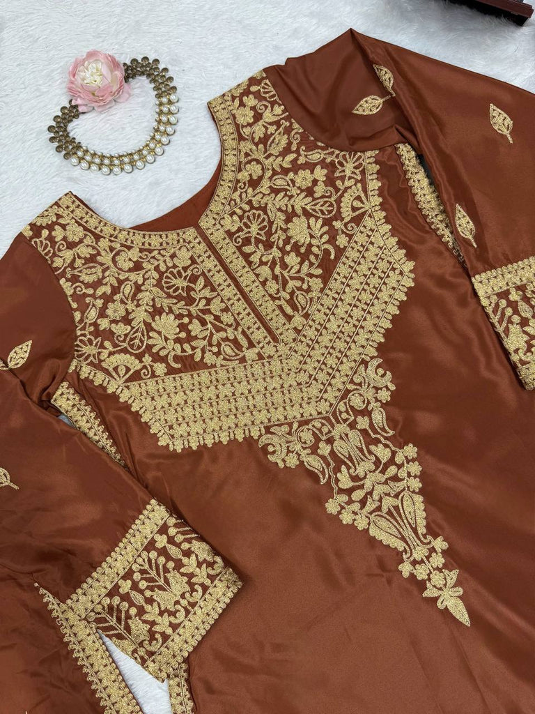 Brown Elegant Natural Crepe Chinestitch Plazo Set with Dupatta – Fully Stitched ClothsVilla