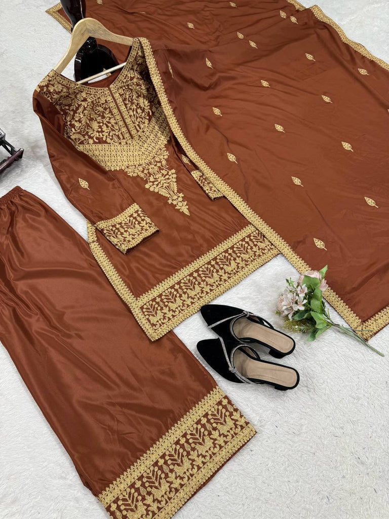 Brown Elegant Natural Crepe Chinestitch Plazo Set with Dupatta – Fully Stitched ClothsVilla