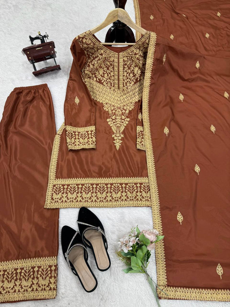 Brown Elegant Natural Crepe Chinestitch Plazo Set with Dupatta – Fully Stitched ClothsVilla