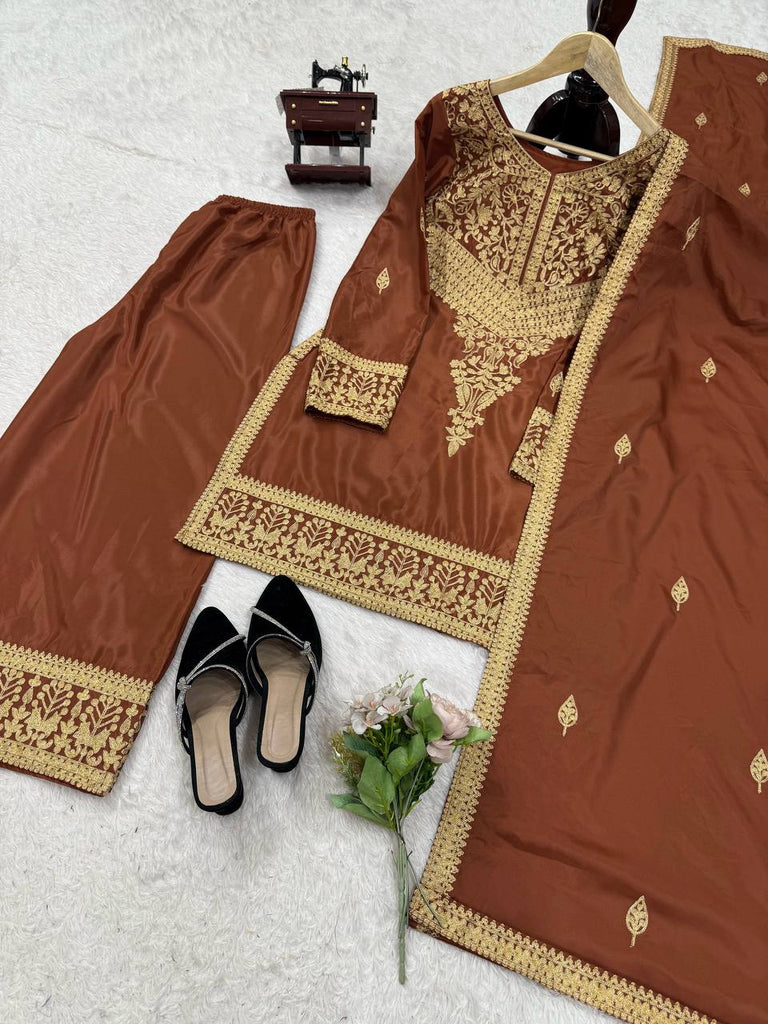 Brown Elegant Natural Crepe Chinestitch Plazo Set with Dupatta – Fully Stitched ClothsVilla