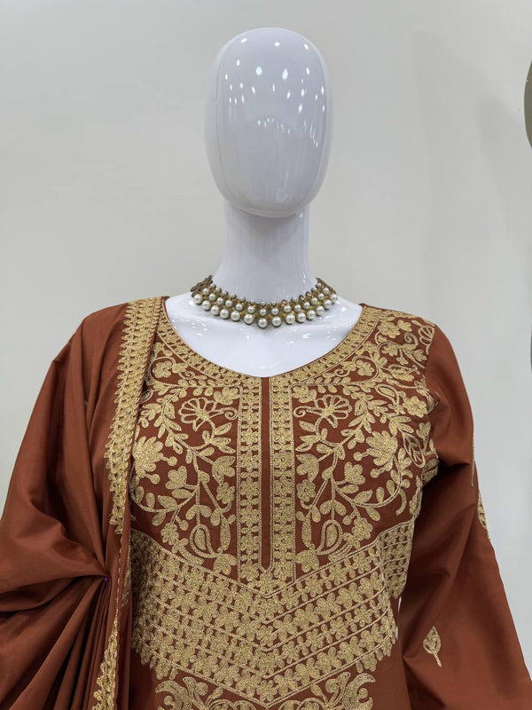 Brown Elegant Natural Crepe Chinestitch Plazo Set with Dupatta – Fully Stitched ClothsVilla