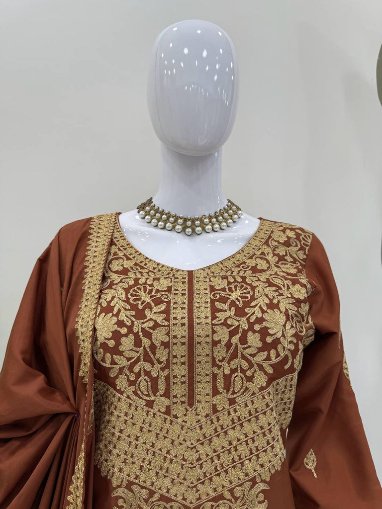 Brown Elegant Natural Crepe Chinestitch Plazo Set with Dupatta – Fully Stitched ClothsVilla