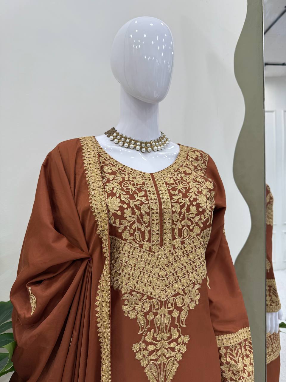 Brown Elegant Natural Crepe Chinestitch Plazo Set with Dupatta – Fully Stitched ClothsVilla