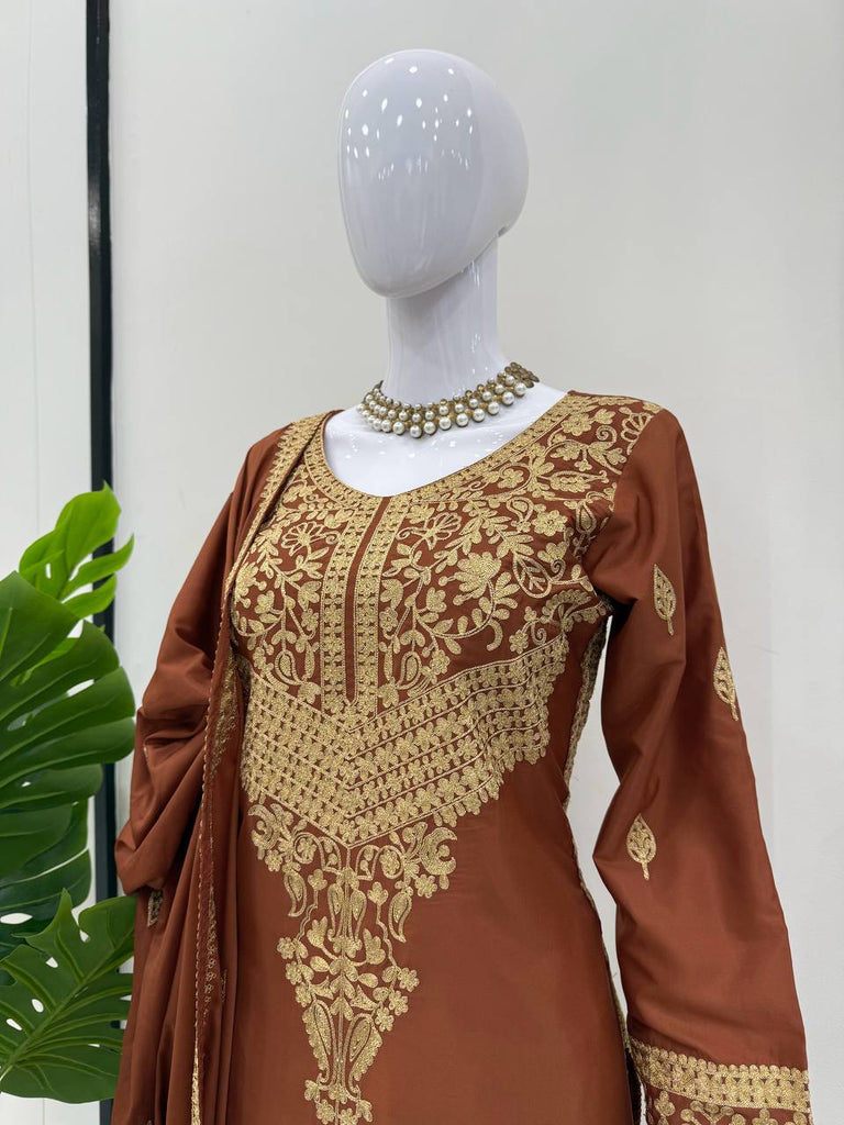 Brown Elegant Natural Crepe Chinestitch Plazo Set with Dupatta – Fully Stitched ClothsVilla