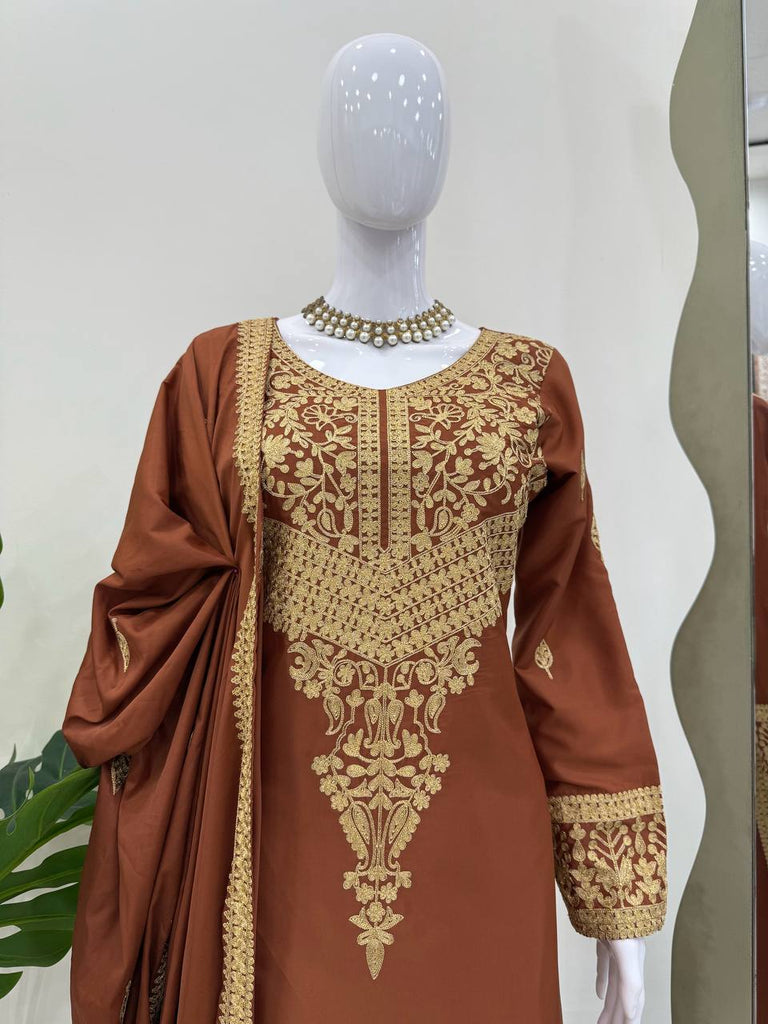 Brown Elegant Natural Crepe Chinestitch Plazo Set with Dupatta – Fully Stitched ClothsVilla