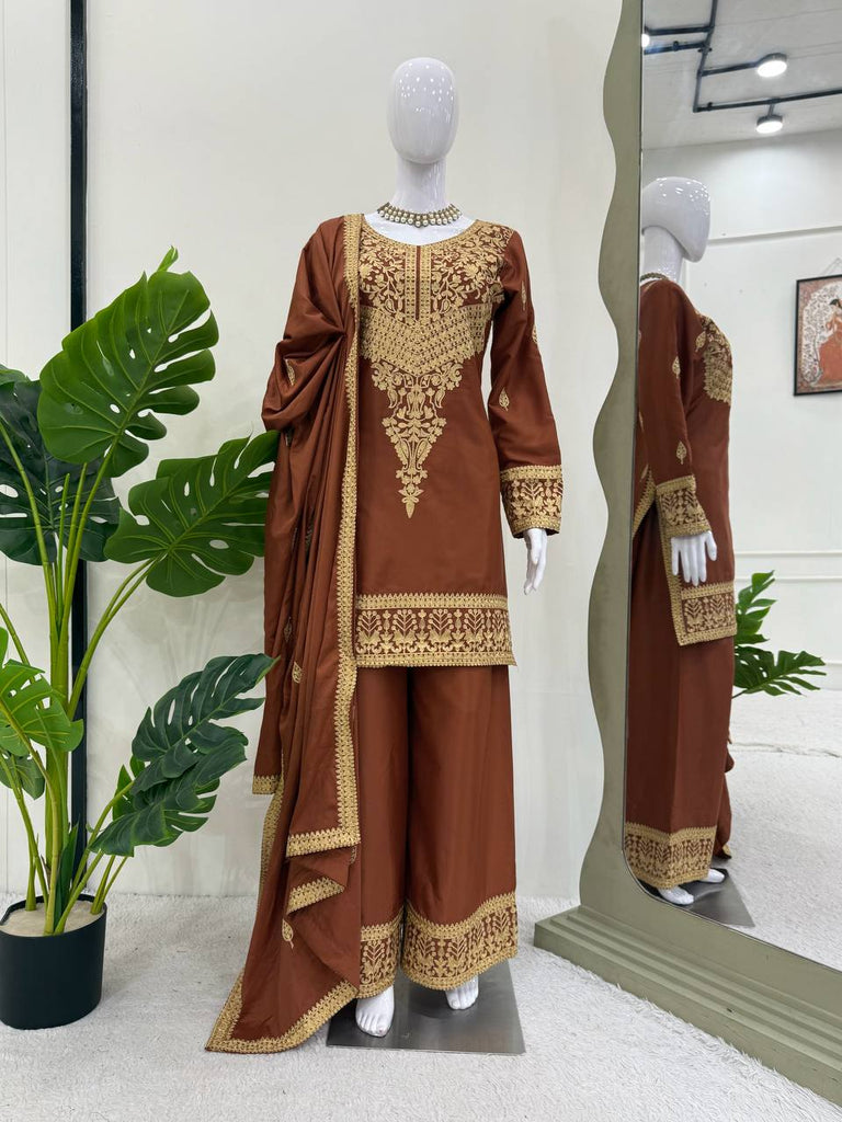 Brown Elegant Natural Crepe Chinestitch Plazo Set with Dupatta – Fully Stitched ClothsVilla