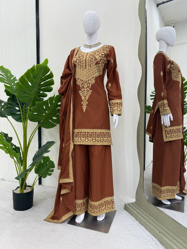 Brown Elegant Natural Crepe Chinestitch Plazo Set with Dupatta – Fully Stitched ClothsVilla