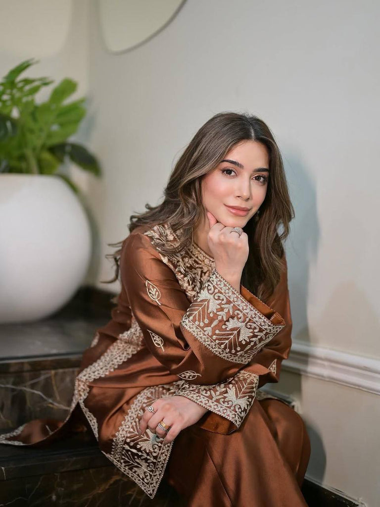 Brown Elegant Natural Crepe Chinestitch Plazo Set with Dupatta – Fully Stitched ClothsVilla