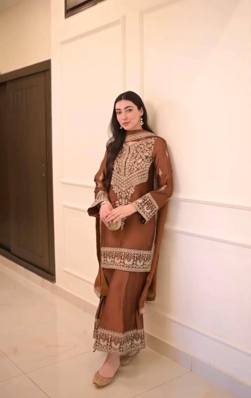 Brown Elegant Natural Crepe Chinestitch Plazo Set with Dupatta – Fully Stitched ClothsVilla